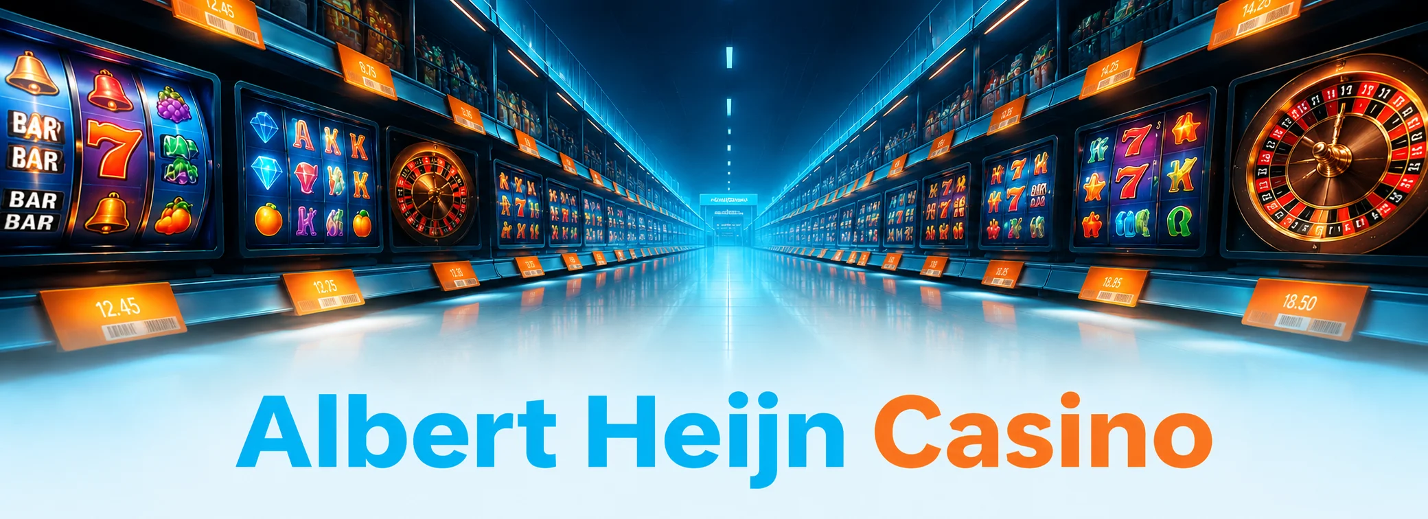 Supermarktgangpad met verlichte gokkastpanelen en oranje schaptags in de kleuren van Albert Heijn Casino